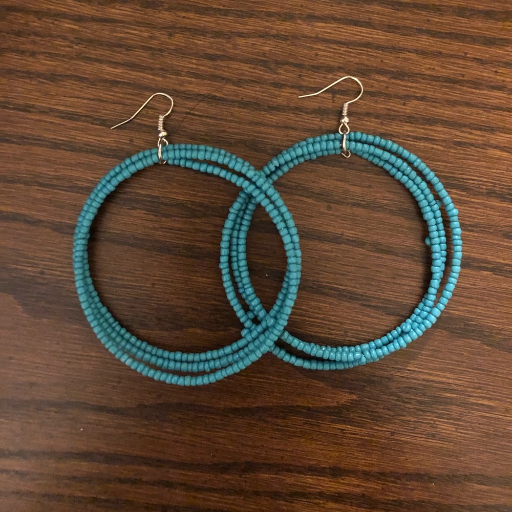 Teal beaded hoop earrings